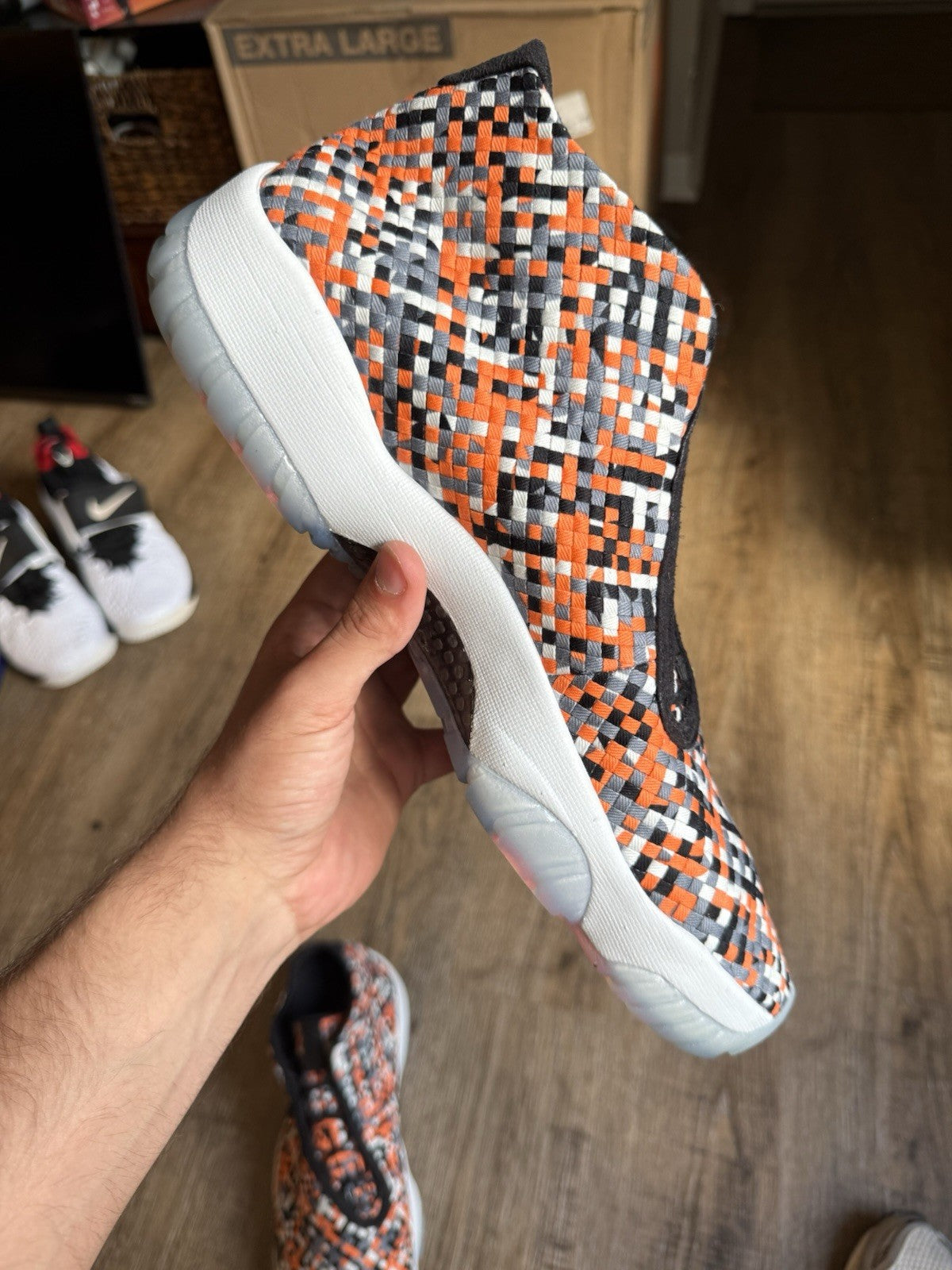 Size 14 - Jordan Future Premium Easter Orange Black Suede
