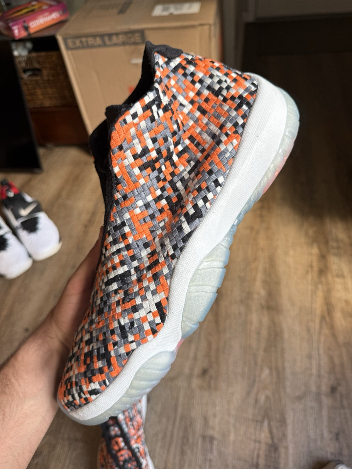 Size 14 - Jordan Future Premium Easter Orange Black Suede